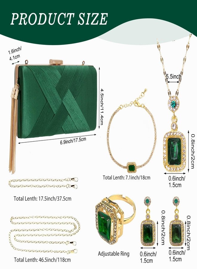 SENONAPO 5 Pcs Clutch Purses for Women Jewelry Set Handbag with Necklace Earrings Ring Bracelet Vintage Banquet Handbag with Detachable Chain for Wedding Party Gift Supplies(Green) - Image 2